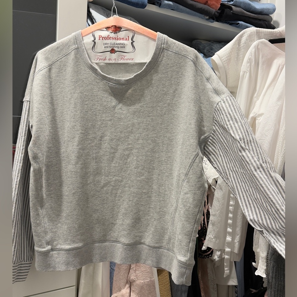 Gray Crew Neck Sweater with Striped Detail on Arms